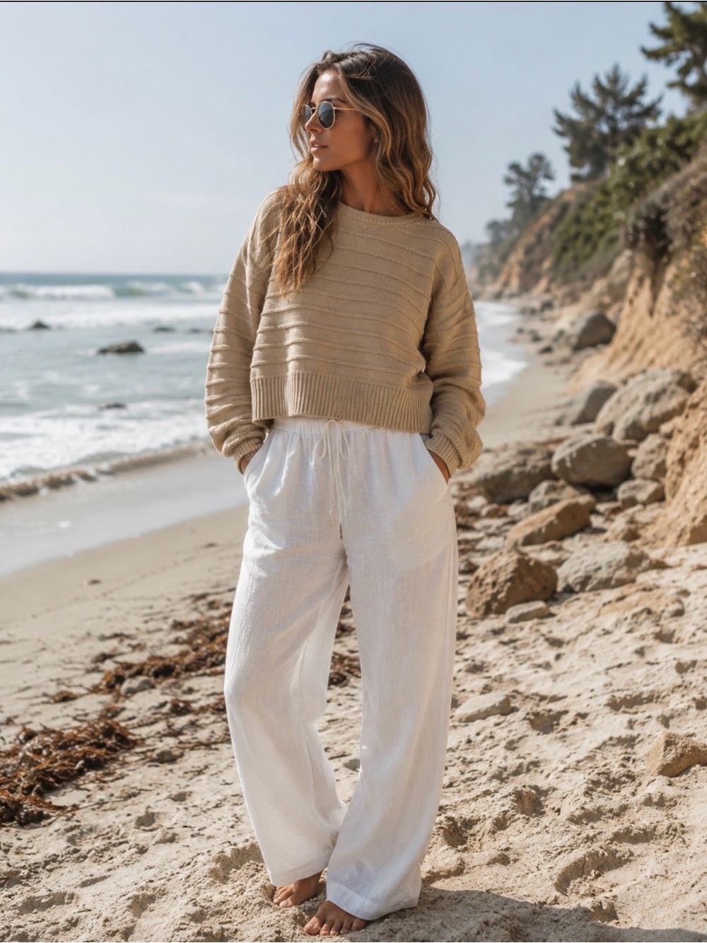 BRIT NY 100% Cotton Ribbed Crewneck Sweater in Beige - Picture 1 of 7